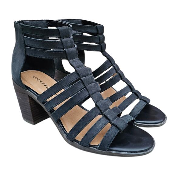 Heeled Gladiator Sandals Lucky Brand Kyndrah Size 8.5 Strappy Cage Black Leather - Picture 1 of 13